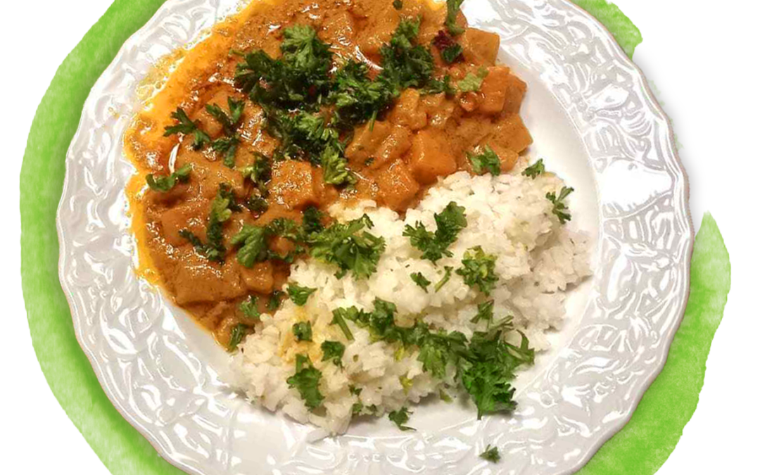 Steckrüben-Curry mit Kokosmilch zu Reis