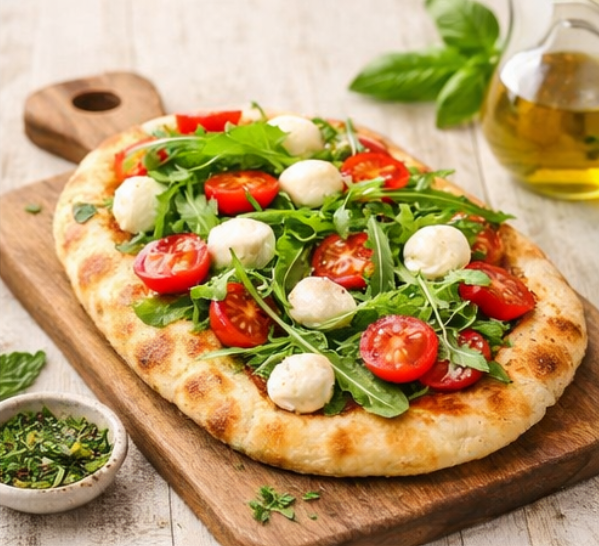 Pinsa mit Rucola, Tomaten und Mozzarella