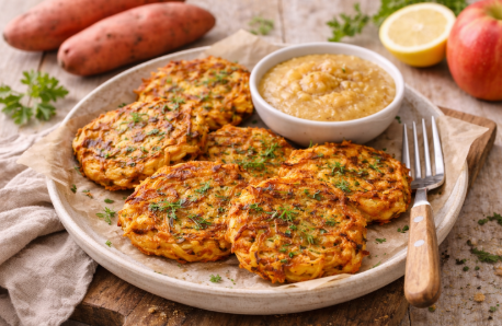Batatenpuffer (Süßkartoffeln) mit Apfelmus